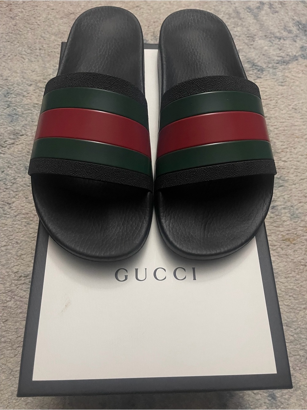 Gucci Black Slides with Iconic Green and Red Stripes